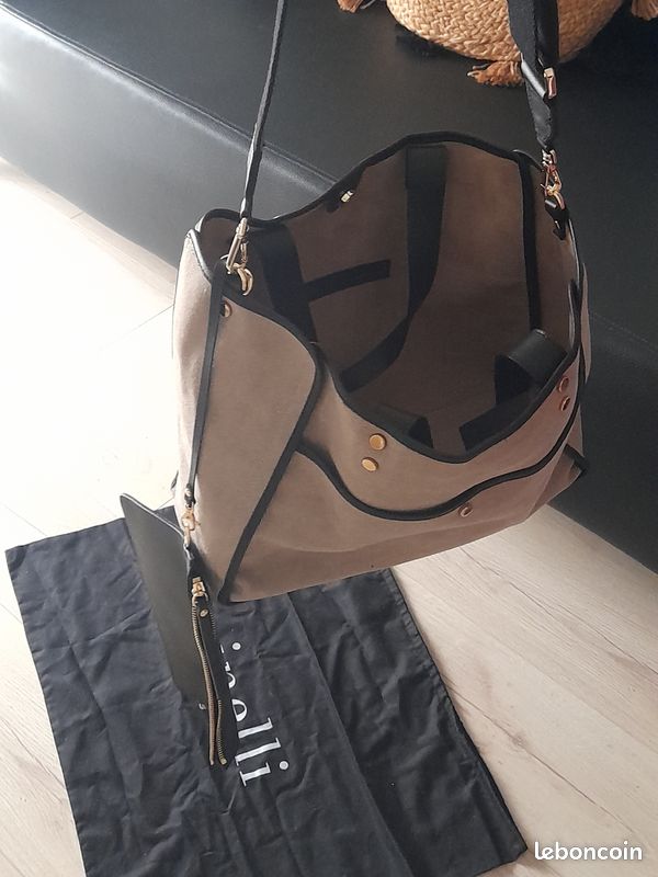 Magnifique sac Minelli neuf brun/noir coton/cuir avec étiquettes