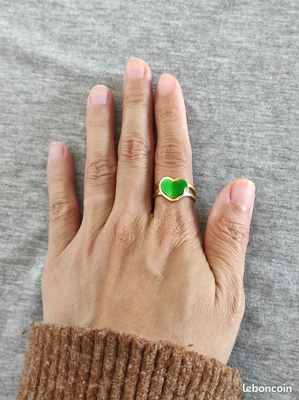 Bague coeur doré vert en acier inoxydable, bague amour femme