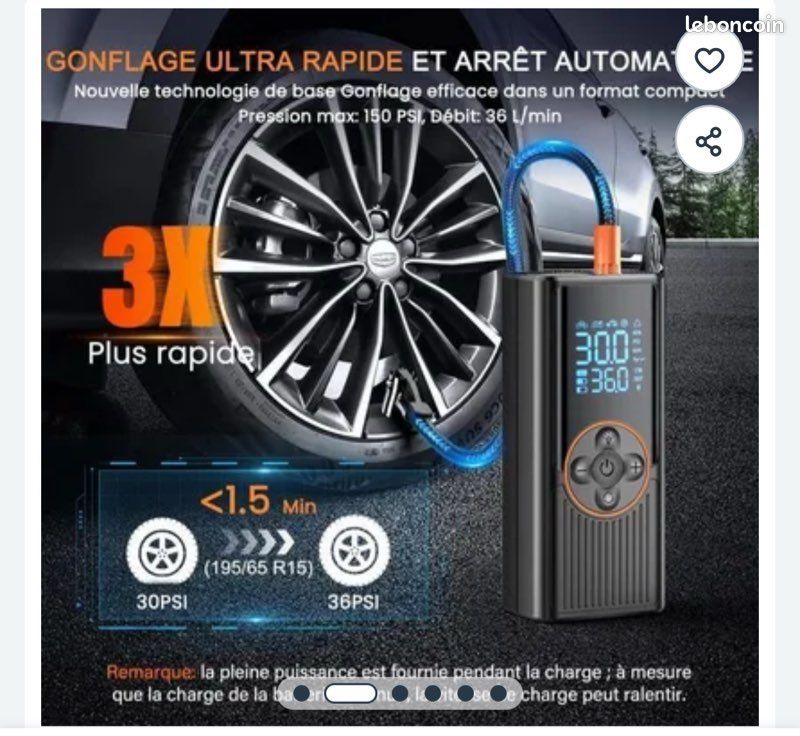 écran Digital Lampe LED Auto-arrêt Compresseur à Air Portatif 150 PSI Sans Fil - Gonfleur Pneus Voiture Avec écran Digital, Batterie 6000mAh Et Lampe LED Compresseur Air Portatif 150 PSI