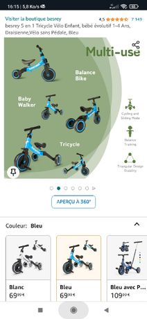 besrey 5 en 1 Tricycle Vélo Enfant ,Tricycle bébé évolutif 1-4 Ans ,Vélo  Draisienne ,Vélo sans Pédale, Bleu