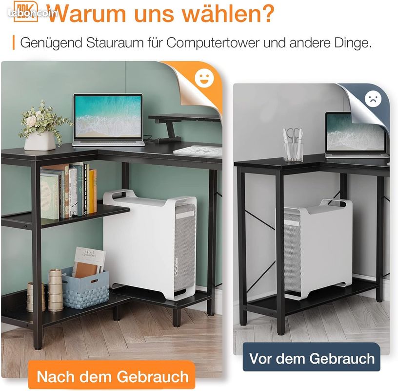 ODK Bureau d'angle Gaming en Forme L avec Port de Charge USB et Prise de Courant, 120*88*80 cm Bureau Angle d'Ordinateur avec Rangement Bureau en Forme de L Informatique avec Support d'écran (Noir) (image 6)