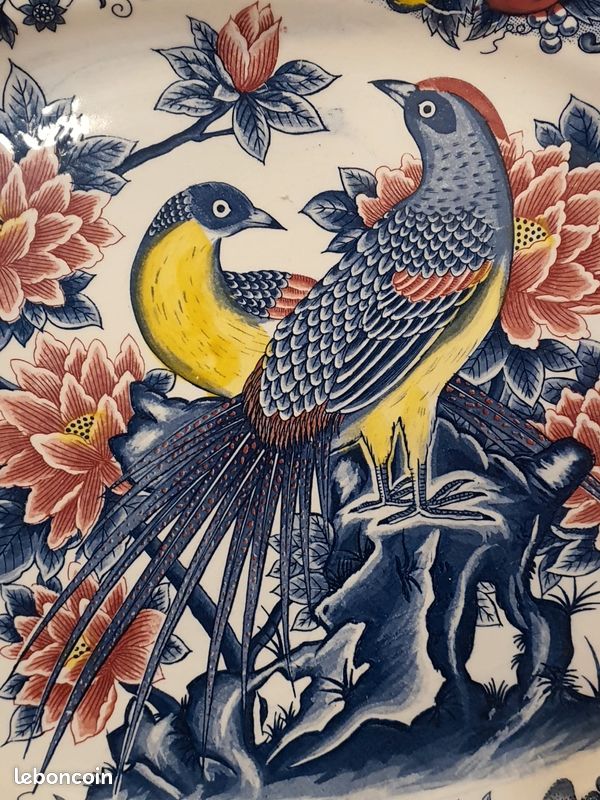 Grand plat ovale de service vintage - Décor oiseaux et fleurs - 47 cm (image 7)