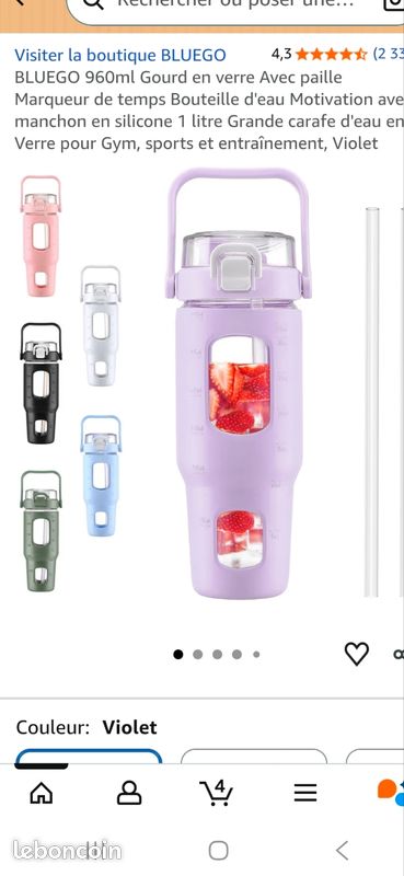Les - BLUEGO 960ml Gourd en verre Avec paille Marqueur de temps Bouteille d'eau Motivation avec manchon en silicone 1 litre Grande carafe d'eau en Verre pour Gym, sports et entraînement à