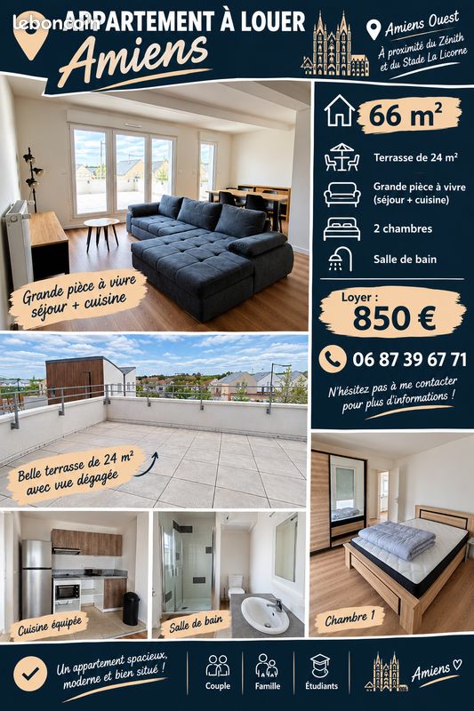 Appartement 4 pièces 66 m² · à Amiens · 66 m² · 850 €/mois