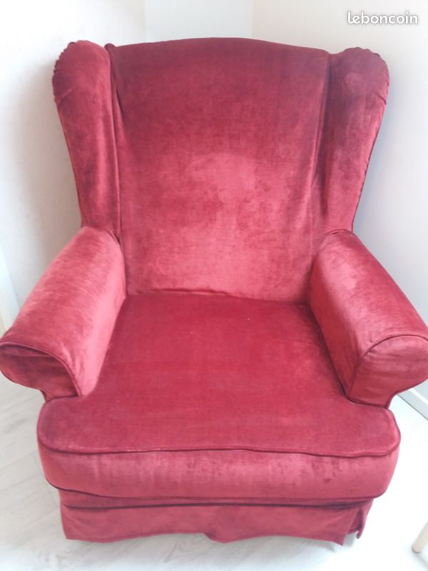 Fauteuil de détente velours bordeaux 2 poufs assortis (image 1)