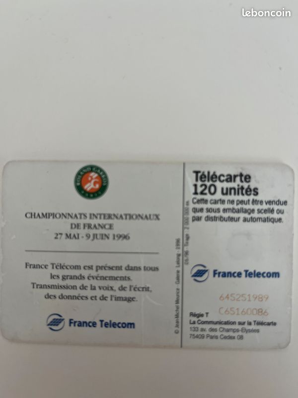 Lot de 6 Télécarte Rolland Garros 1994 , 95,95 97