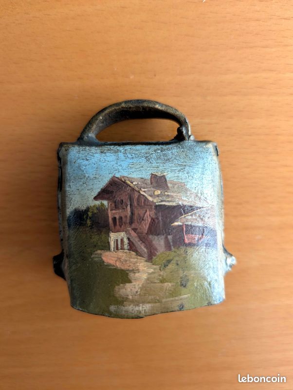 Importante Cloche De Vache Bronze & Collier Cuir Barinotto Chiantel Suisse Déco