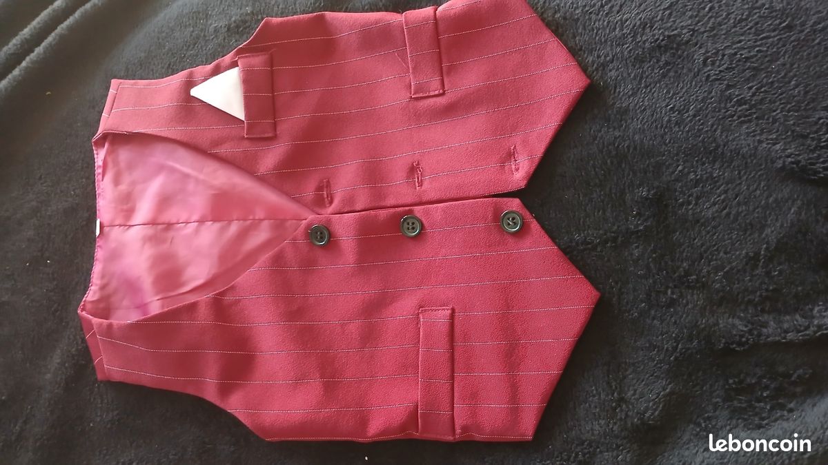Costume cérémonie bébé 18-24 mois, bordeau a rayures, 4 pieces avec gilet, chemise, pantalon, nœud papillon (image 13)
