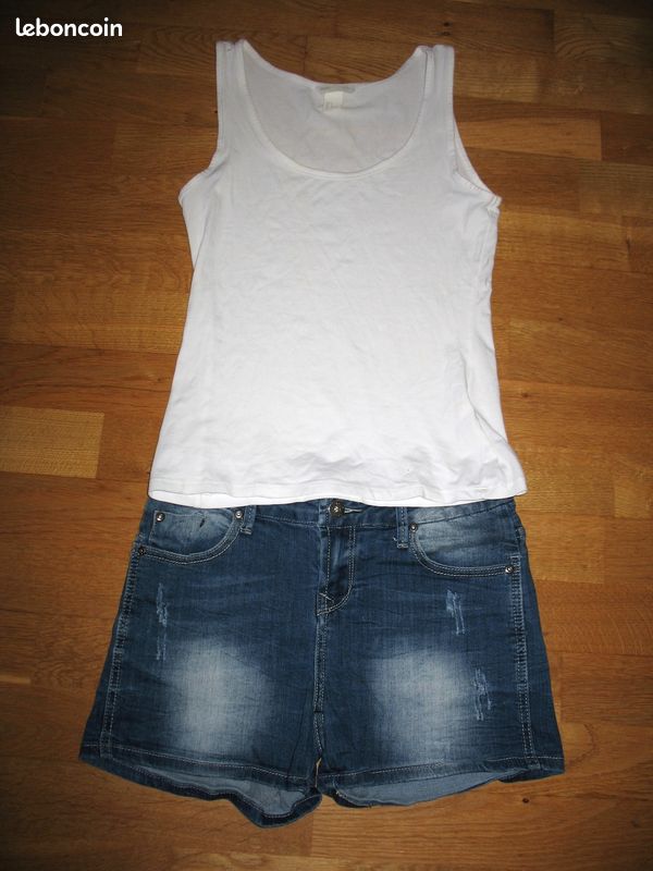 DÉBARDEUR Blanc H&M SHORT JEAN Bleu PLACE DU JOUR Femme 36