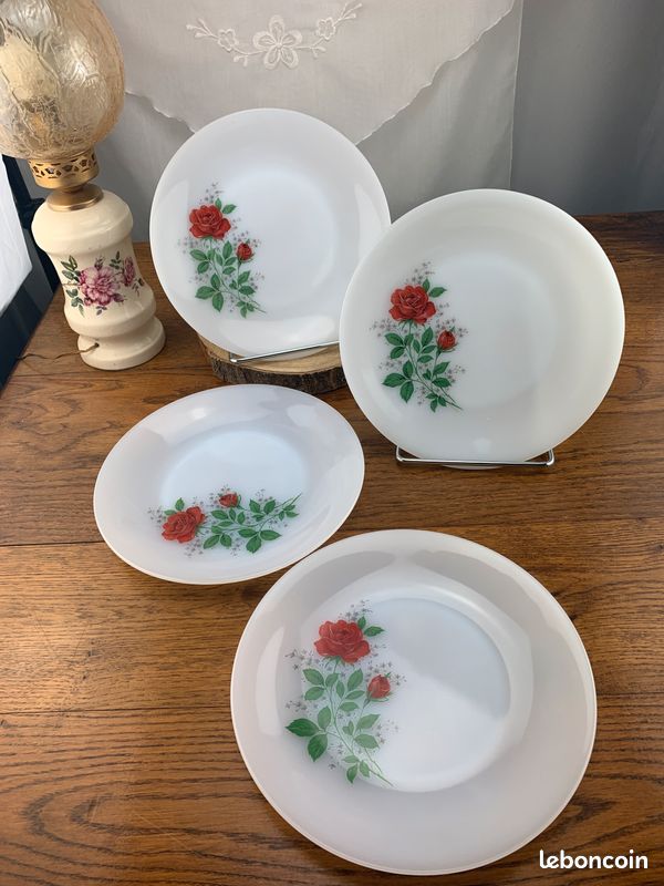 Lot De 5 Assiettes Arcopal Vintage Motif Rose De France - Blanc Années 60 Occasion