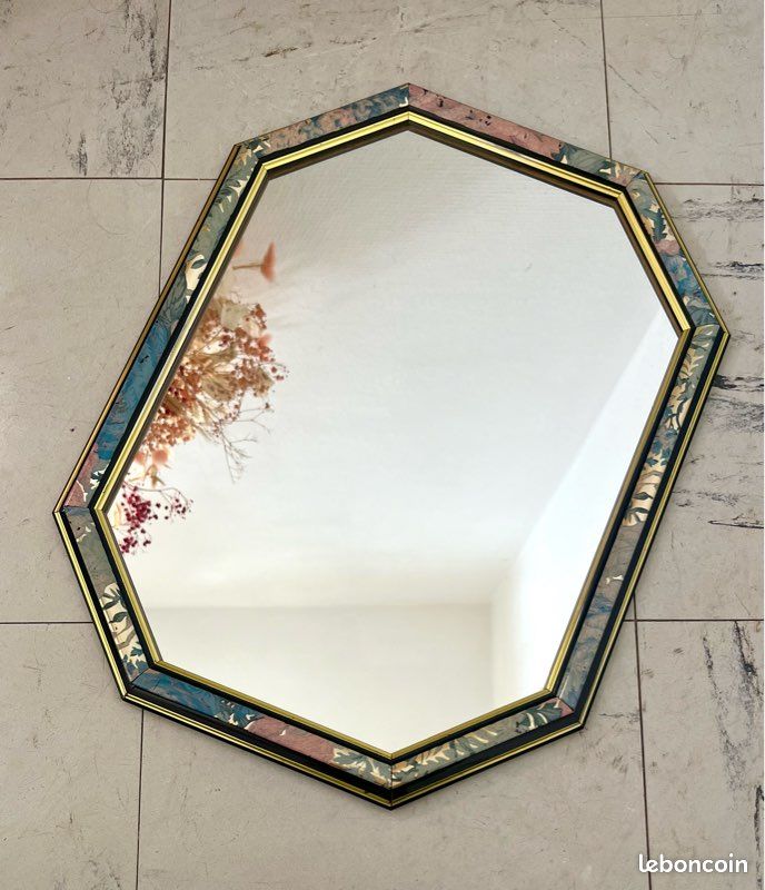 Miroir octogonal au joli décor fleuri + liseré doré, en bois, vintage et tendance (image 1)