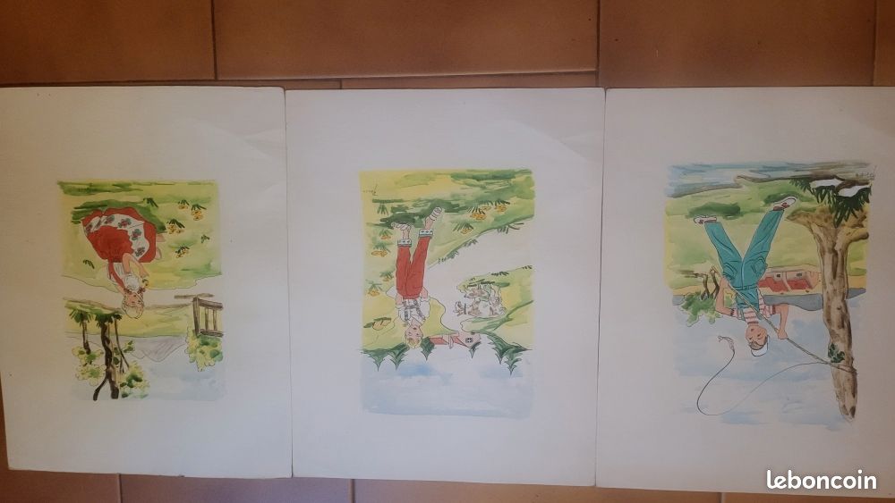Trois gouaches vintage signée Ros-52 paysages alpins et campagnard (image 1)