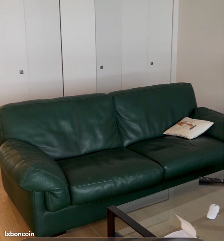Canapé vintage Roche Bobois en cuir vert souple sur