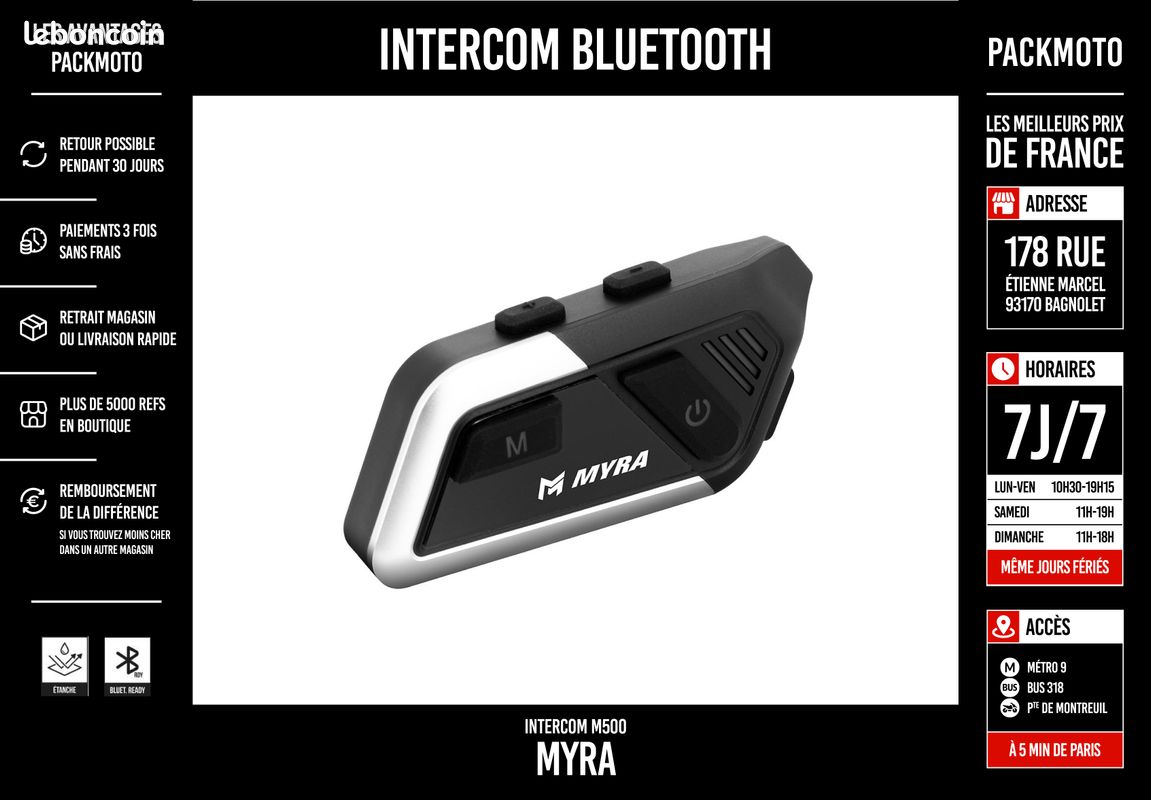 Kit Bluetooth Intercom - MYRA M500 - Neuf - Facture à votre nom (image 1)