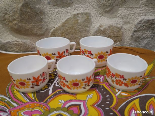 Lot De 6 Tasses Et Sous-tasses Arcopal France Motif Fleurs Orange Et Rouge - Vintage, Très Bon état