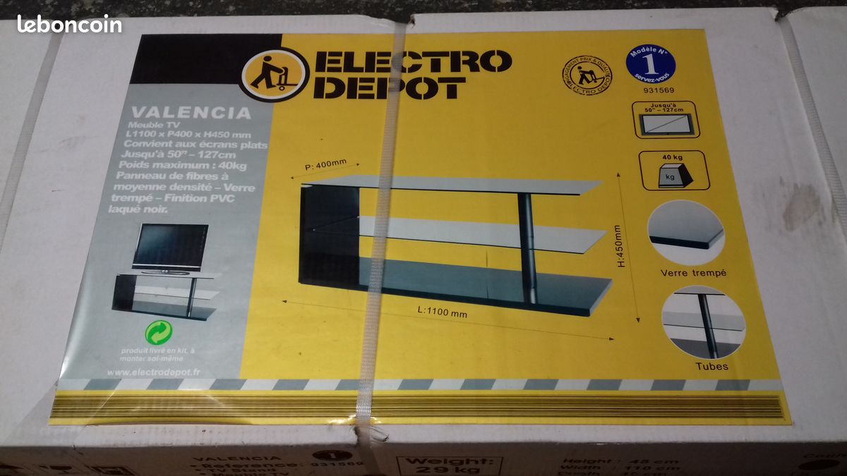 Meuble TV en verre trempé et panneaux fibre noir - Neuf, jamais monté (image 1)