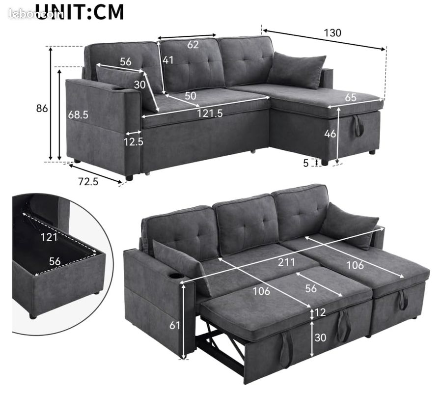 Canapé d'angle convertible réversible 3 places en velours côtelé vert kaki - Baya | Leroy Merlin