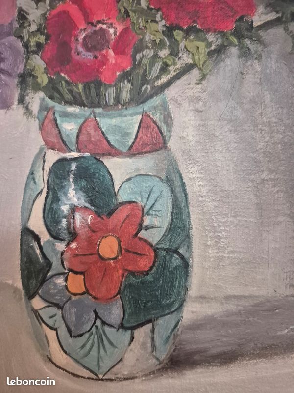 CLAUDE CHAUVIGNAC, ÉCOLE LYONNAISE, " pot fleuri et bouquet d'anèmones" huile sur toile 42 x 33 (6F) (image 6)