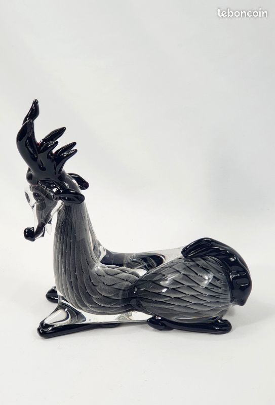 Figurine vintage renne en verre soufflé Murano gris et noir sculpture animal zoomorphe (image 1)