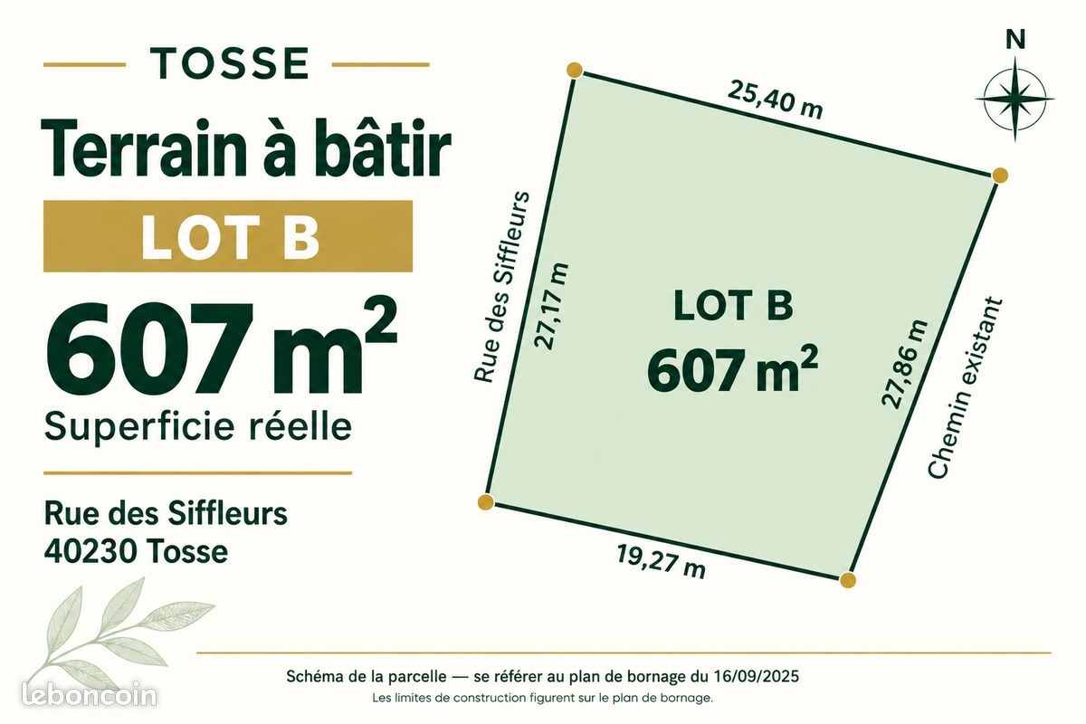 Terrain à bâtir viabilisé 607 m² – Tosse – lisière de forêt · 250 000 €