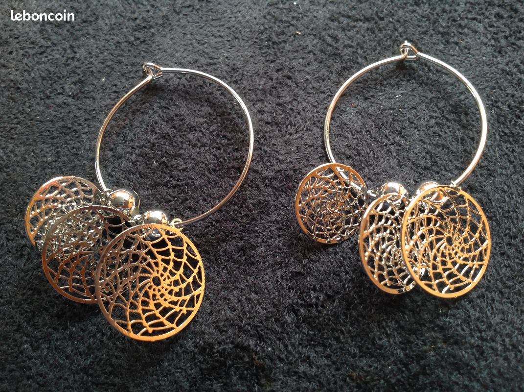 BOUCLES OREILLES MÉTAL ARGENTÉ TOILE ARAIGNÉE PIÈGE à RÊVES Envoi Possible (image 3)