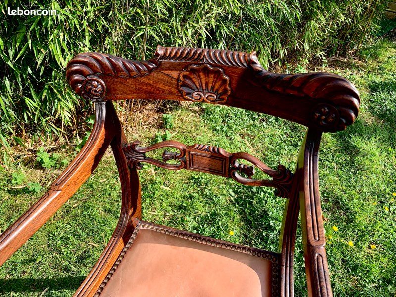 Ensemble bureau et 2 fauteuils style Empire bois massif et cuir (image 3)