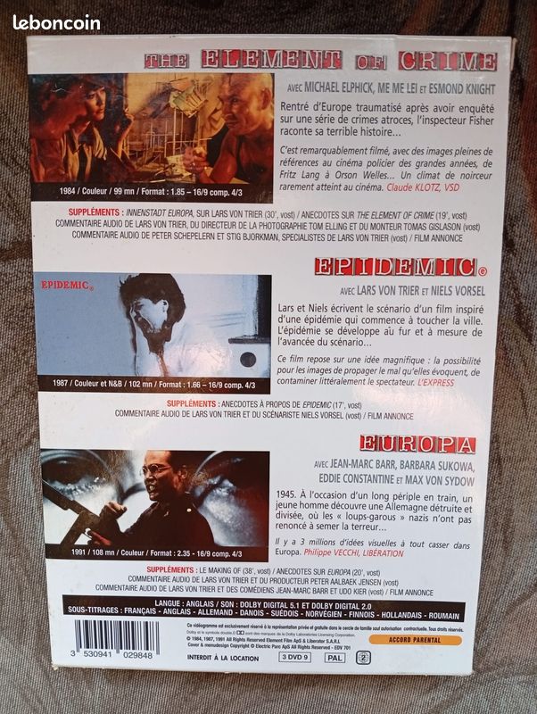 RARE : Coffret 3 DVD pour adultes - The Europe Trilogy - Lars Von Trier / The Element of Crime + Epidemic + Europa (image 2)