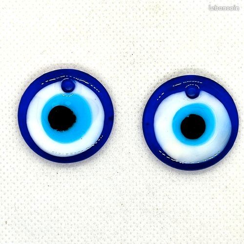 2 pendentifs en verre bleu et blanc - motif oeil - 28mm (image 1)