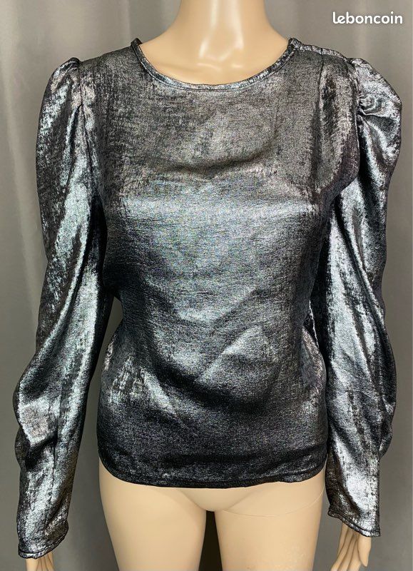 Blouse En Soie Vintage Rouge Taille 38 - Manches Bouffantes - Occasion En Très Bon état