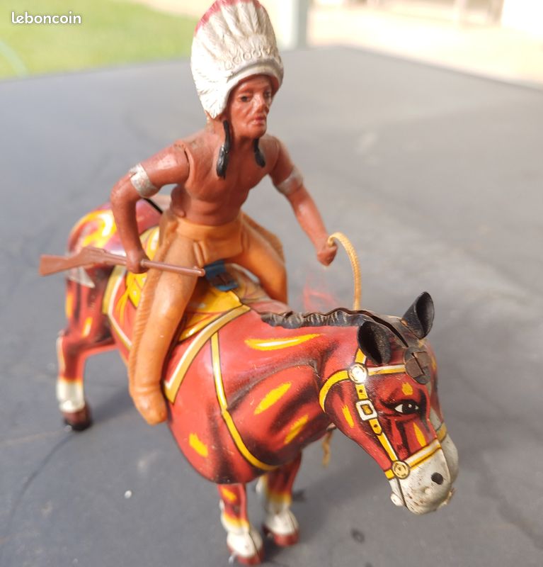 Jouet Ancien En Tôle – Attelage Cheval, Wagon, Cavalier – France – 11,7 Cm