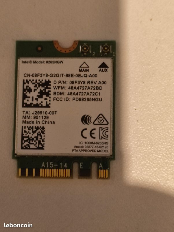 Mini-Carte WiFi sans Fil Intel 8265NGW 08F3Y8 Dual Band 2x2 Bluetooth M.2 A/E (image 1)