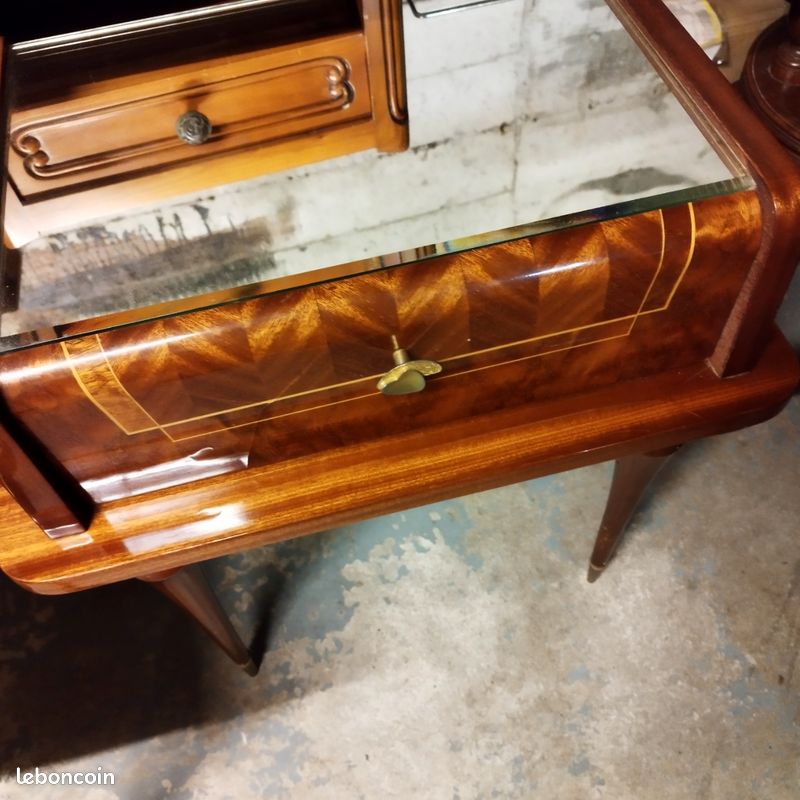 Magnifique chevet ou bout de canapé année 60 en bois de rose et marqueterie,4 pieds compas (image 4)