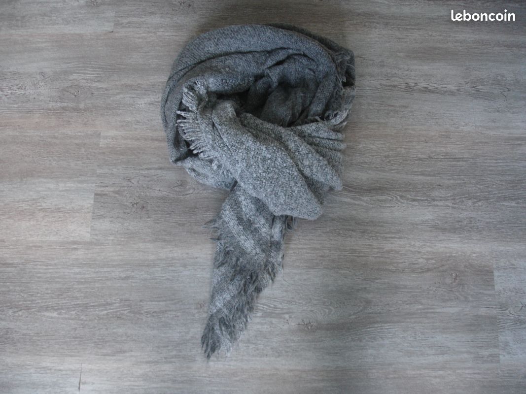 Grand Foulard / écharpe Fine Gris à Pois - 100% Laine, Unisexe, Neuf Sans étiquette