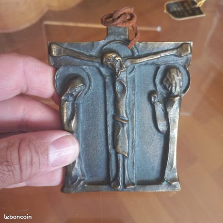 Crucifix En Bronze Style Primitif Signé Elie Pellegrin - Art Déco - Occasion Rare