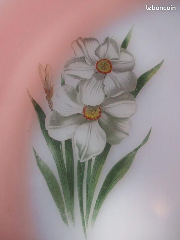 Grand Plat Rond Arcopal Vintage - Décor Fleurs Marguerites, Verre Blanc, France