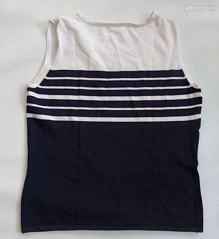 Débardeur Marinière Un Jour Ailleurs - Strass Gouvernail Bateau, Taille M, Bleu, été