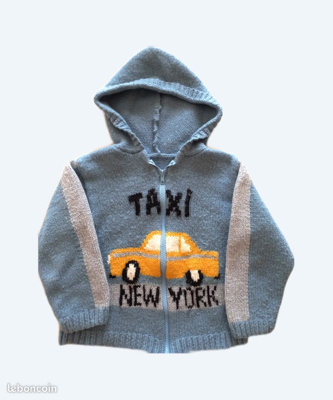 Gilet Taxi New York à capuche, TBE, Modèle Phildar, tricoté main, 100% laine, qualité Merinos 6, avec fermeture éclair, taille 6 ans (image 1)