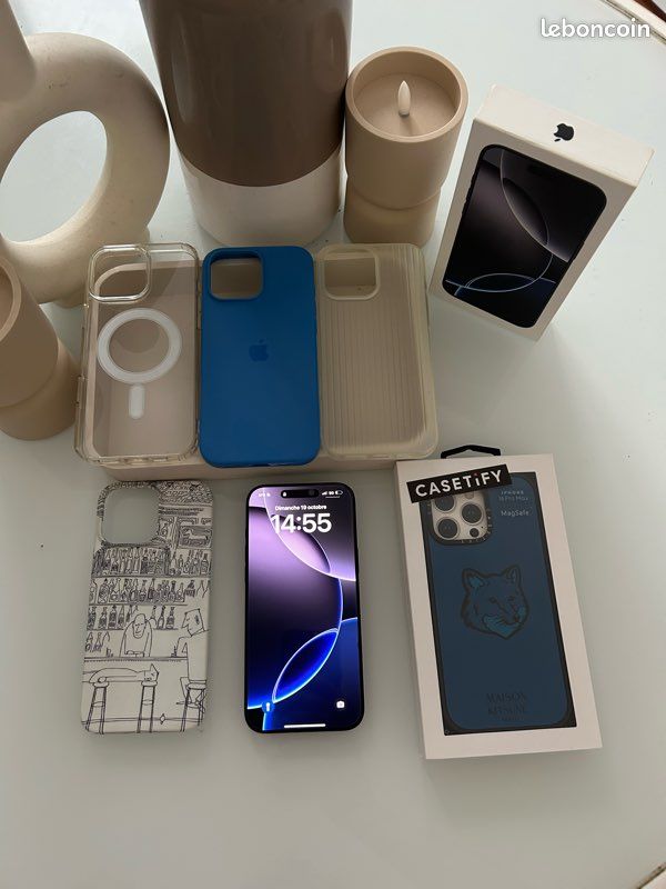 IPhone 16 Pro Max 256 Go Noir - État Neuf + 5 Coques (dont Maison Kitsuné x Casetify) – Sous Garantie (image 1)