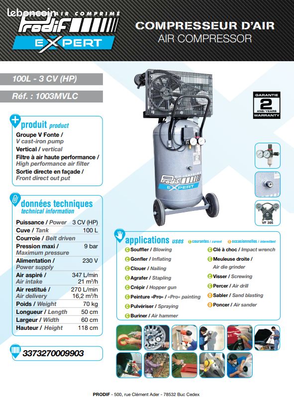 Compresseur bi-cylindre vfonte - 100l vertical - 3cv (image 2)
