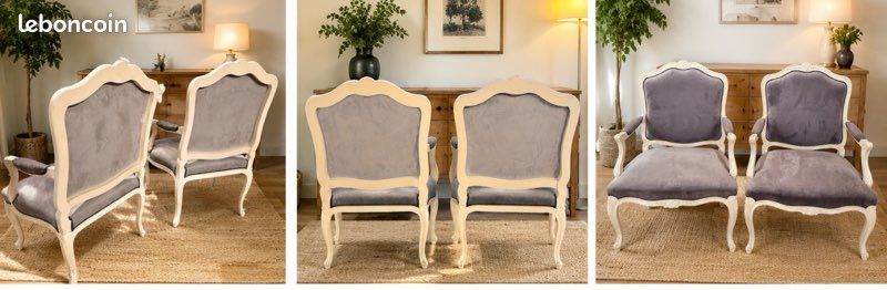 Paire de fauteuils style Louis XV en bois patiné – Tissu velours gris (image 2)