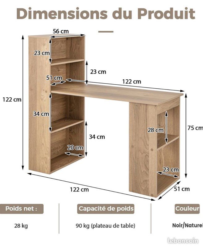 Tout neuf Bureau d'Ordinateur Réversible avec Bibliothèque, Poste de Travail Moderne avec Étagères de Rangement à 6 Niveaux, Assemblage Facile, pour Maison, Bureaux (Naturel) (image 2)