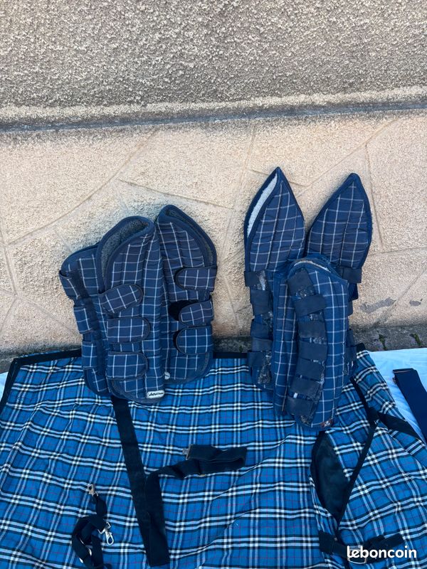 Ensemble complet Equithème à carreaux bleus (Chemise, Protections transport, Sac pansage...) - TBE (image 2)