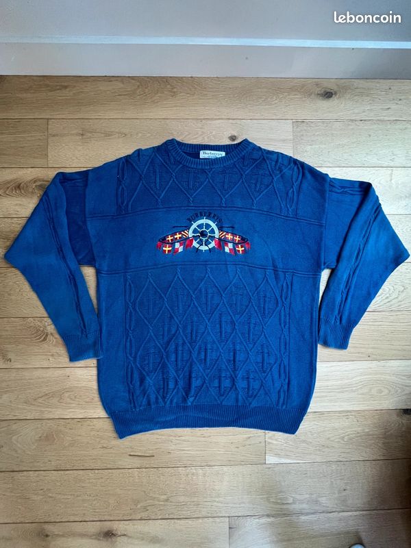 Pull Burberrys Vintage Made in England – Broderie nautique –100% Coton – Bleu Taille XL (image 10)