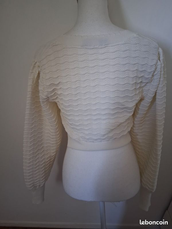Boléro Zara Femme S - Cardigan court blanc ajouré vagues - Crop gilet boutonné - 39cm (image 4)