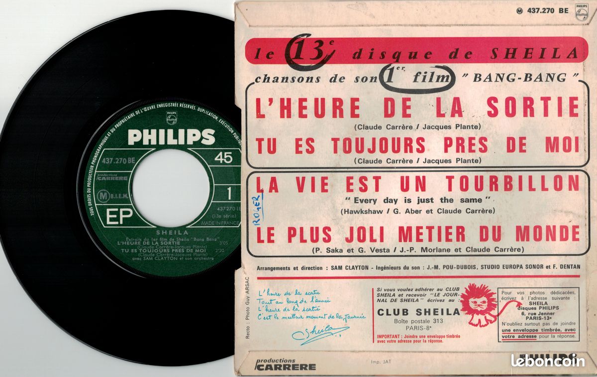 Sheila – L'heure De La Sortie - Tu Es Toujours Près De Moi - La Vie Est Un Tourbillon - Le Plus Joli Métier Du Monde - Vinyle 45T 7" Philips 437.270 BE, 1966 (image 2)