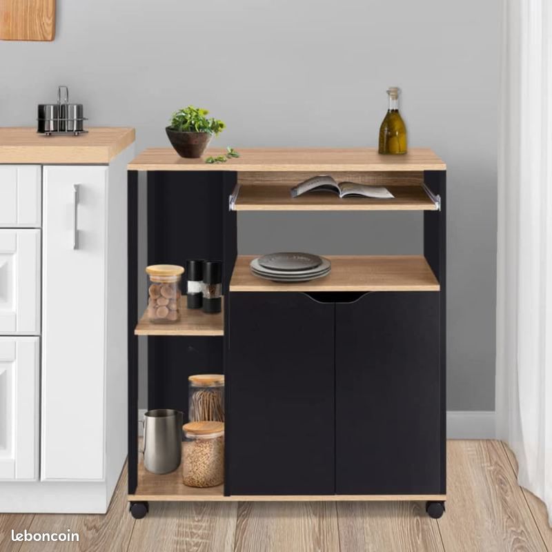 Meuble Desserte Rangement Cuisine Ilot Central Design Industriel Bois Noir (image 5)