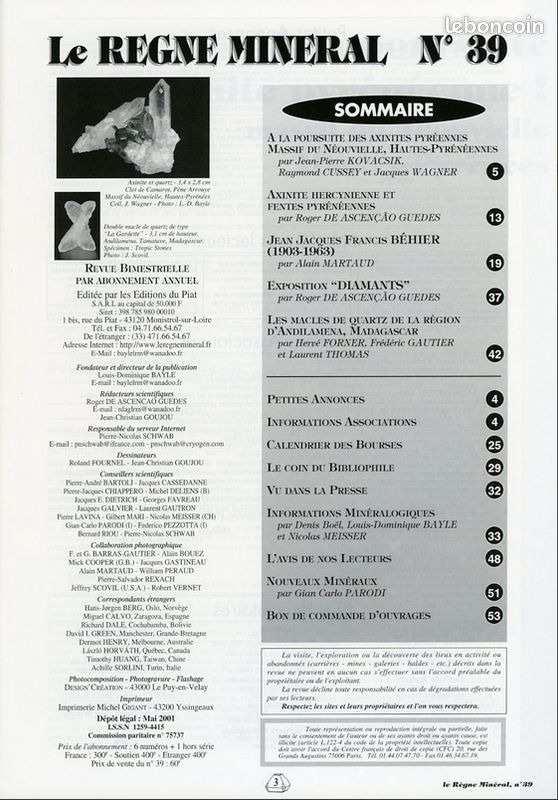 LE RÈGNE MINÉRAL - N° 39 - Mai/juin 2001 - Épuisé (image 2)
