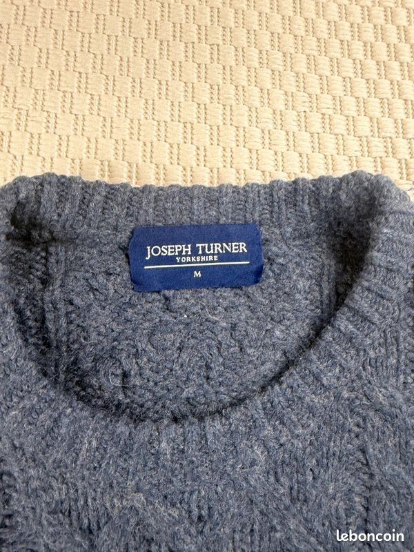 Pull aran 100% laine Joseph Turner col rond homme M Bleu, Gris 90s Vintage AR0262 #AR0262 (image 2)