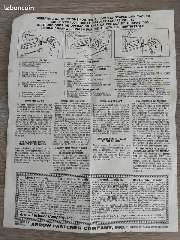 Pistolet à Agrafes Robuste Arrow Fastener T-50P - Occasion En Bon état - 1 Pièce - Fabriqué Aux USA
