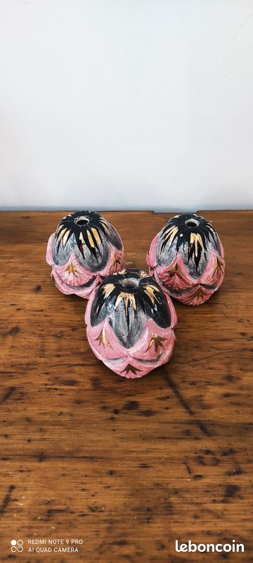 Lot de 3 cache-douilles / tulipes de lustre en porcelaine - Décor floral rose, bleu et or (image 4)